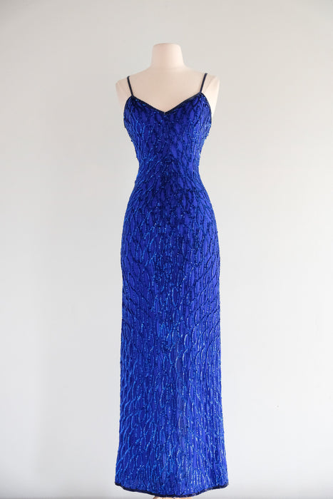 Vintage 1980's Sapphire Blue Sequin Gown by Laurence Kazar / SM