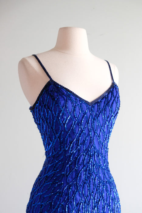 Vintage 1980's Sapphire Blue Sequin Gown by Laurence Kazar / SM