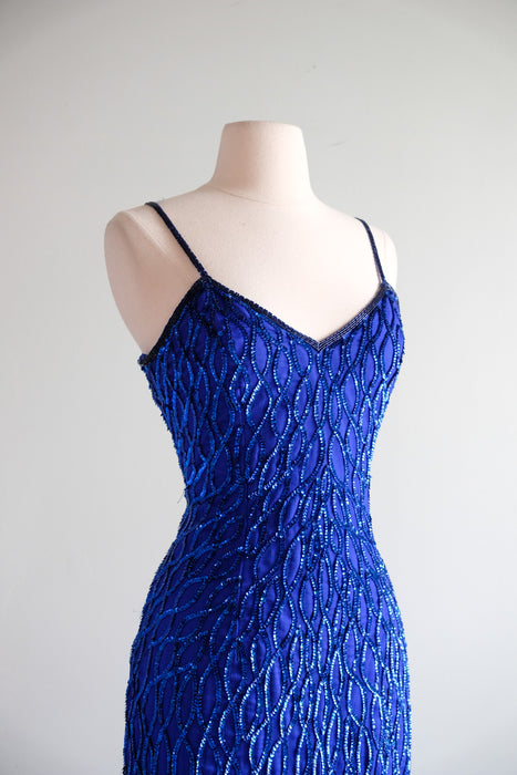 Vintage 1980's Sapphire Blue Sequin Gown by Laurence Kazar / SM