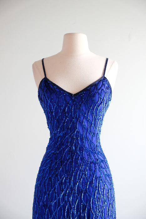 Vintage 1980's Sapphire Blue Sequin Gown by Laurence Kazar / SM