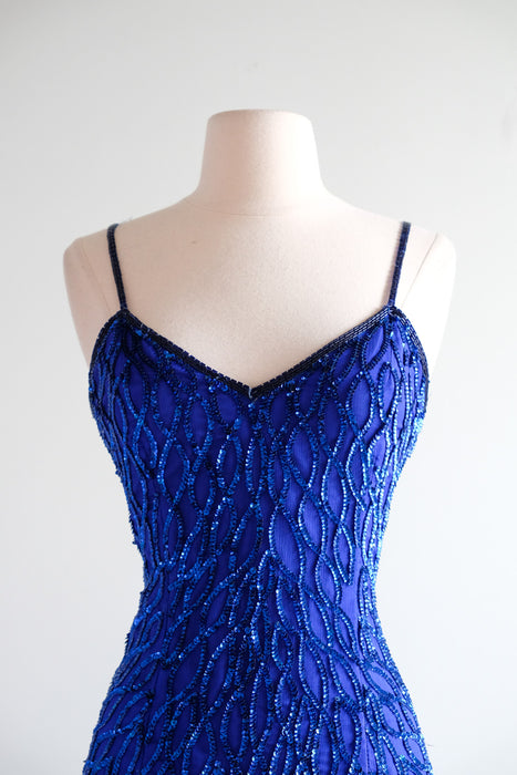 Vintage 1980's Sapphire Blue Sequin Gown by Laurence Kazar / SM