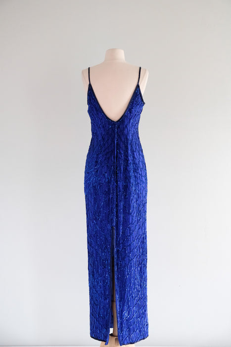 Vintage 1980's Sapphire Blue Sequin Gown by Laurence Kazar / SM