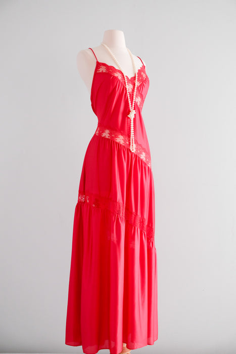 Red Hot 1980's Cherry & Lace Full Length Slip Gown / Sz M/L