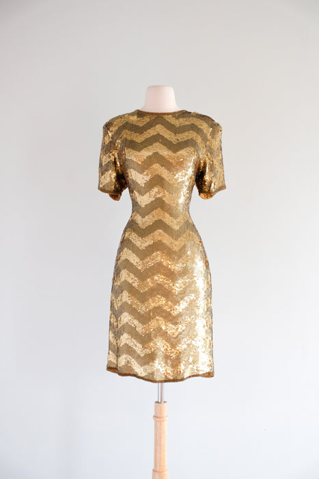 Vintage 1980's Gold Sequin Zig-Zag Party Dress by Scarlet Rage / M