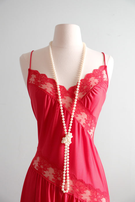 Red Hot 1980's Cherry & Lace Full Length Slip Gown / Sz M/L