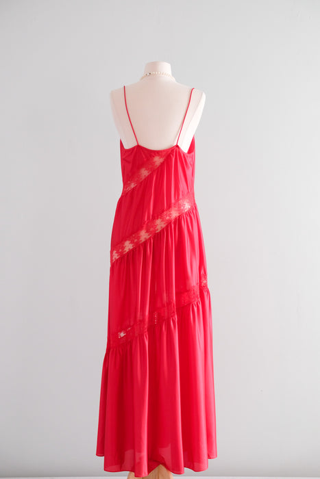 Red Hot 1980's Cherry & Lace Full Length Slip Gown / Sz M/L