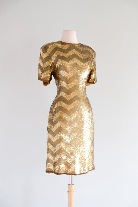 Vintage 1980's Gold Sequin Zig-Zag Party Dress by Scarlet Rage / M