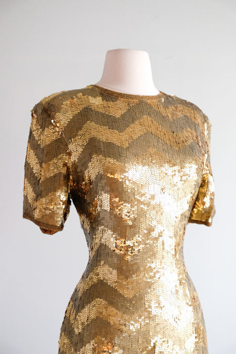 Vintage 1980's Gold Sequin Zig-Zag Party Dress by Scarlet Rage / M