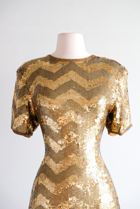 Vintage 1980's Gold Sequin Zig-Zag Party Dress by Scarlet Rage / M