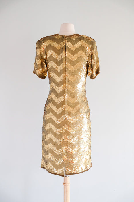 Vintage 1980's Gold Sequin Zig-Zag Party Dress by Scarlet Rage / M