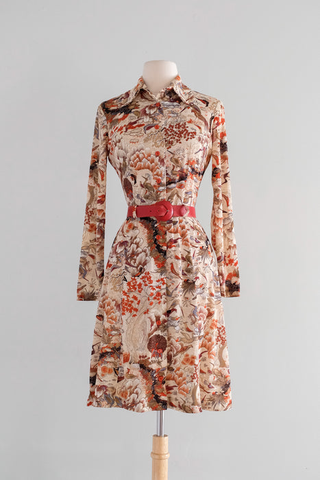Vintage 1970's Bird Watching Scenic Print Dress / M