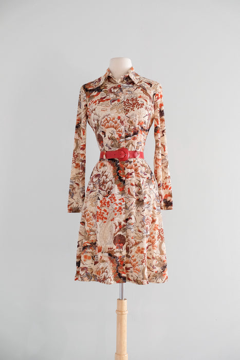 Vintage 1970's Bird Watching Scenic Print Dress / M