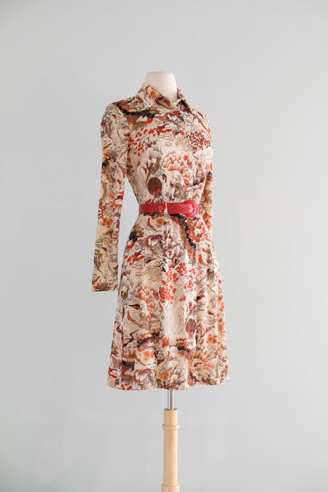 Vintage 1970's Bird Watching Scenic Print Dress / M