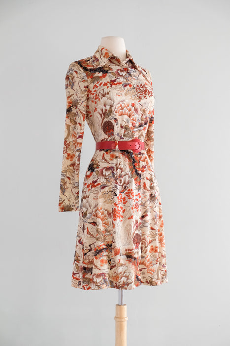 Vintage 1970's Bird Watching Scenic Print Dress / M