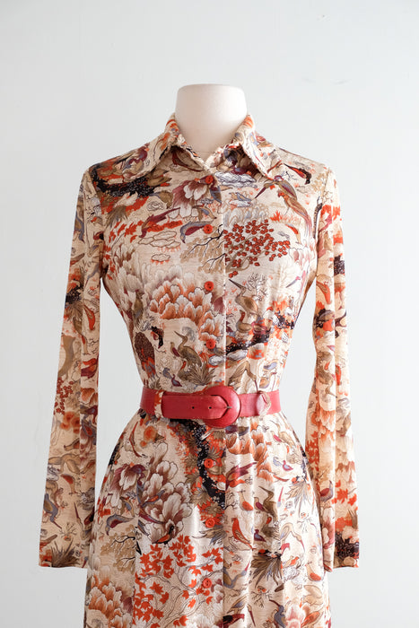 Vintage 1970's Bird Watching Scenic Print Dress / M