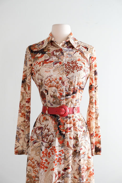 Vintage 1970's Bird Watching Scenic Print Dress / M