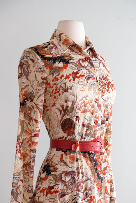Vintage 1970's Bird Watching Scenic Print Dress / M