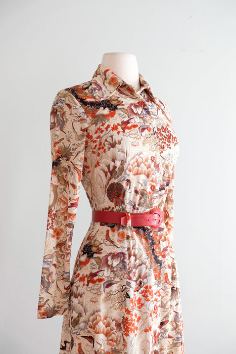Vintage 1970's Bird Watching Scenic Print Dress / M