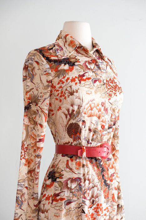 Vintage 1970's Bird Watching Scenic Print Dress / M