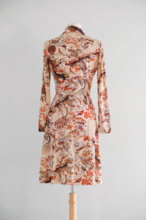 Vintage 1970's Bird Watching Scenic Print Dress / M