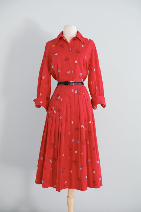 Vintage 1950's Cherry Red Model T Novelty Print Cotton Shirt Waist Dress / M