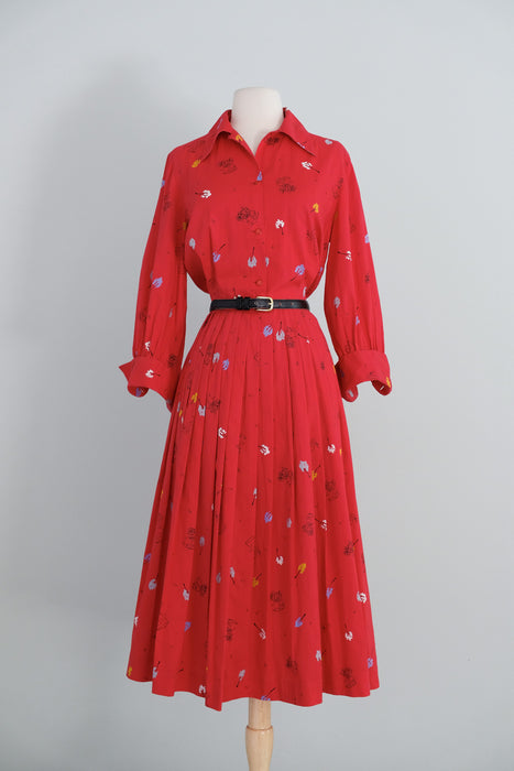 Vintage 1950's Cherry Red Model T Novelty Print Cotton Shirt Waist Dress / M