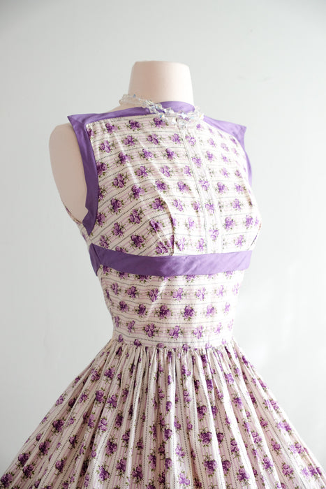 Charming 1950's Romantic Violet Rose Print Cotton Sundress By Teena Paige / Sz S