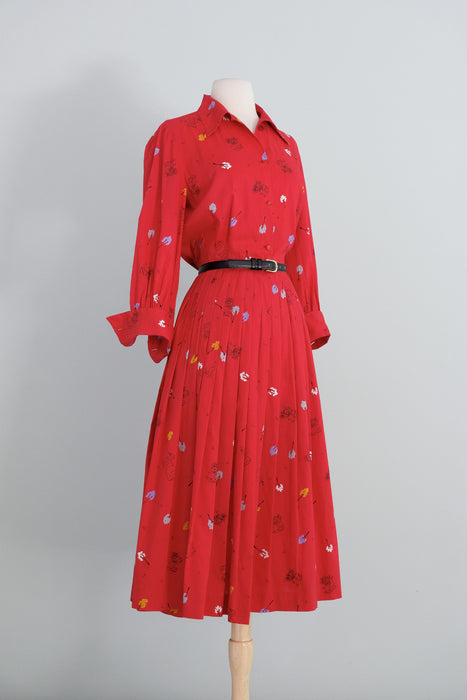 Vintage 1950's Cherry Red Model T Novelty Print Cotton Shirt Waist Dress / M