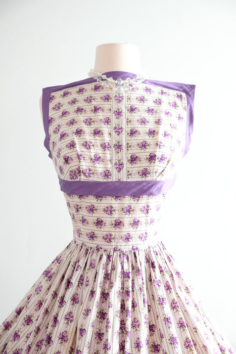 Charming 1950's Romantic Violet Rose Print Cotton Sundress By Teena Paige / Sz S