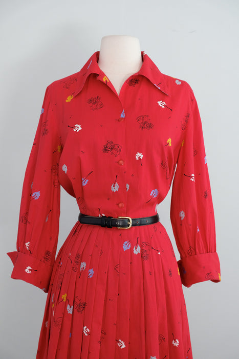 Vintage 1950's Cherry Red Model T Novelty Print Cotton Shirt Waist Dress / M