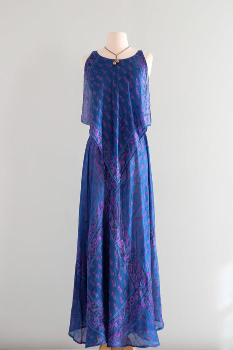 Ethereal 1970's Silk Indian Block Print Handkerchief Gown / Sz M