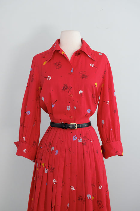Vintage 1950's Cherry Red Model T Novelty Print Cotton Shirt Waist Dress / M