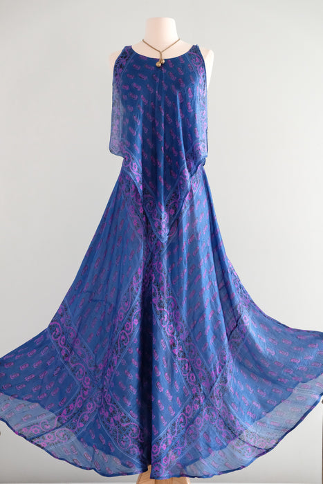 Ethereal 1970's Silk Indian Block Print Handkerchief Gown / Sz M