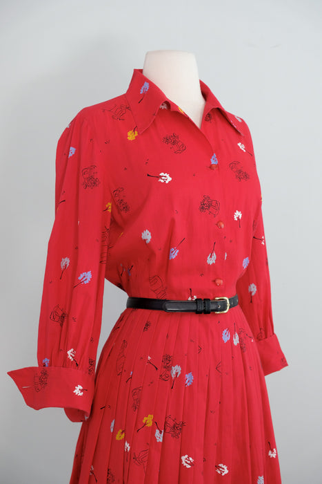 Vintage 1950's Cherry Red Model T Novelty Print Cotton Shirt Waist Dress / M