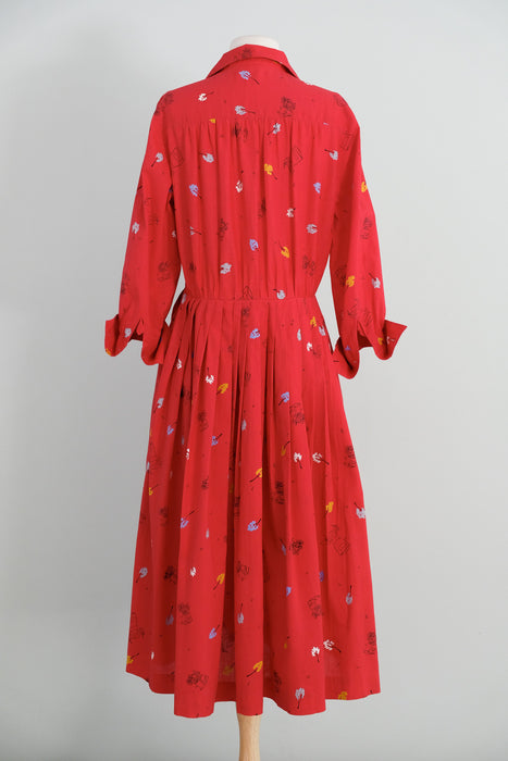 Vintage 1950's Cherry Red Model T Novelty Print Cotton Shirt Waist Dress / M
