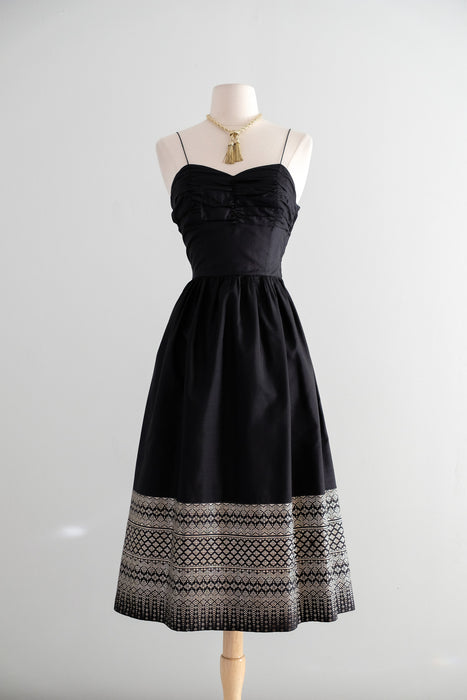 Vintage 1950's Metallic Gold Embroidered Black Dress / XS