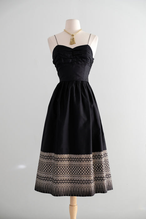 Vintage 1950's Metallic Gold Embroidered Black Dress / XS