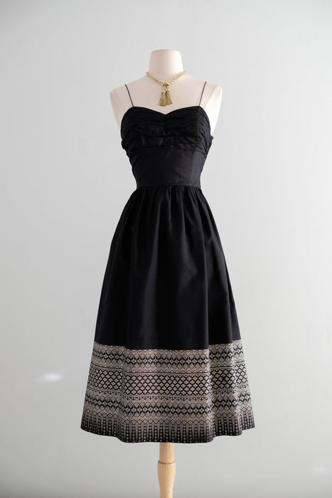 Vintage 1950's Metallic Gold Embroidered Black Dress / XS