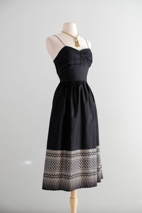 Vintage 1950's Metallic Gold Embroidered Black Dress / XS