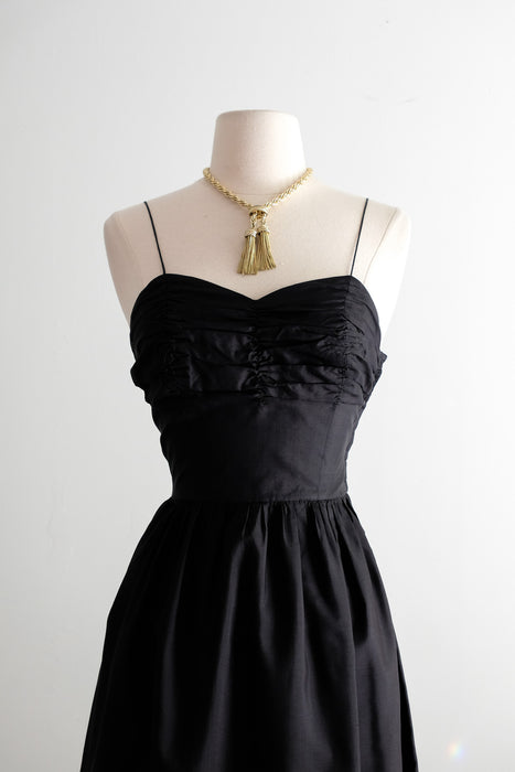 Vintage 1950's Metallic Gold Embroidered Black Dress / XS
