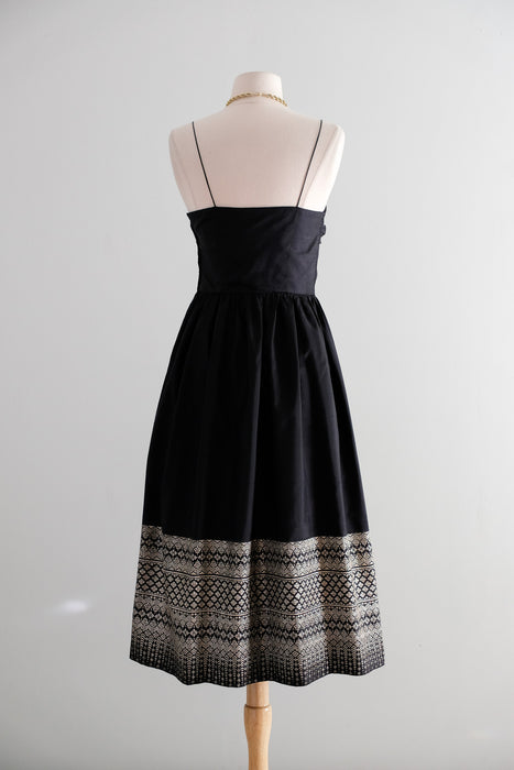 Vintage 1950's Metallic Gold Embroidered Black Dress / XS