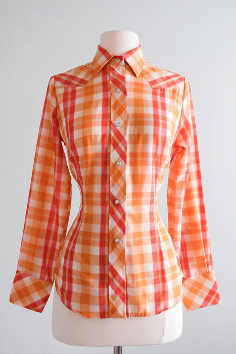 Perfect 1970's Orange Sherbet Plaid Vintage Western Shirt / Sz M