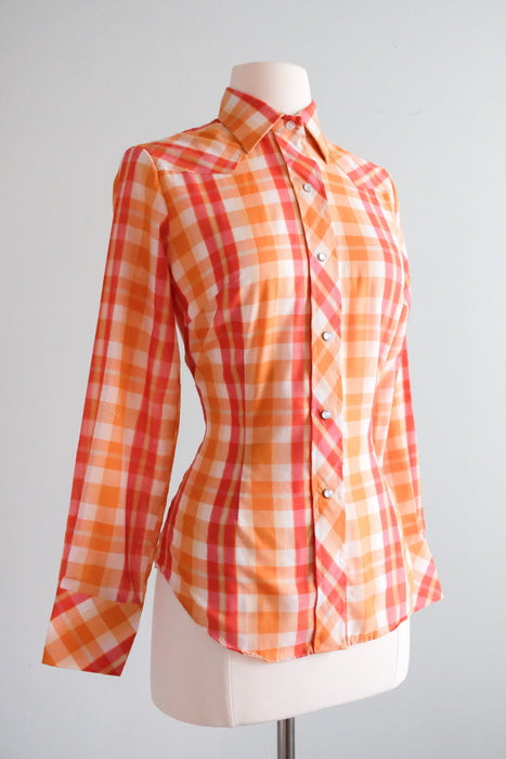 Perfect 1970's Orange Sherbet Plaid Vintage Western Shirt / Sz M