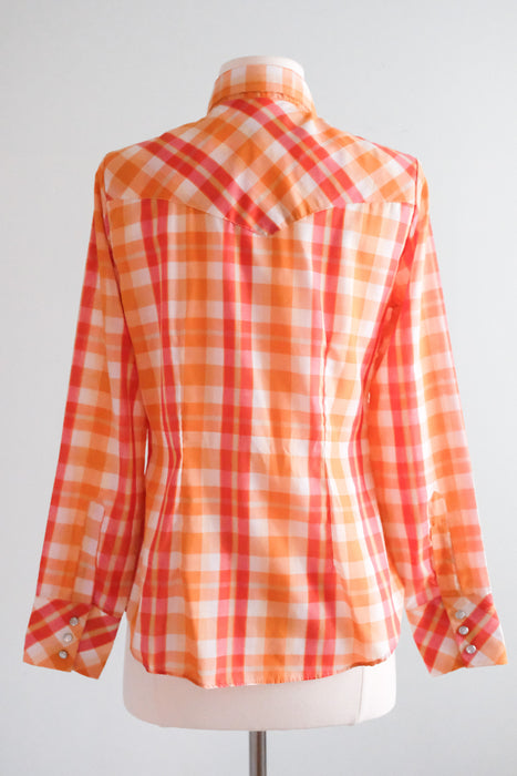 Perfect 1970's Orange Sherbet Plaid Vintage Western Shirt / Sz M