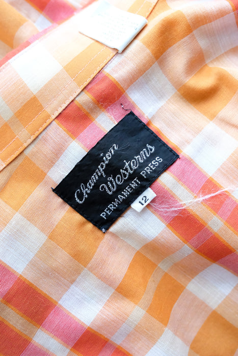 Perfect 1970's Orange Sherbet Plaid Vintage Western Shirt / Sz M