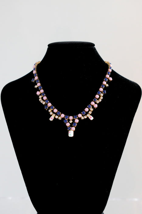 Romantic 1950's Contrast Lavender & Navy Rhinestone Necklace