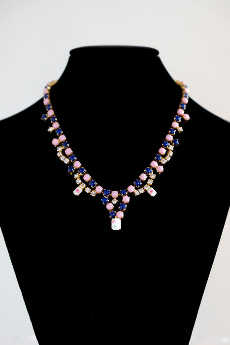Romantic 1950's Contrast Lavender & Navy Rhinestone Necklace