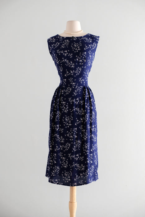 Vintage 1950's Navy & White Geometric Print Wiggle Dress / M