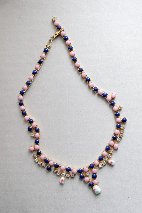 Romantic 1950's Contrast Lavender & Navy Rhinestone Necklace