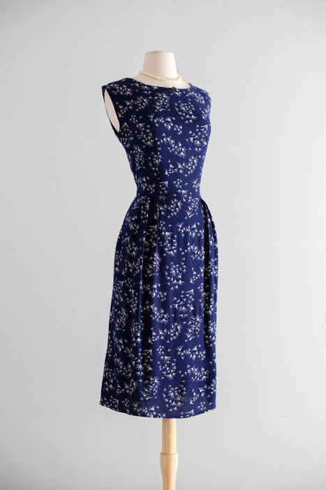 Vintage 1950's Navy & White Geometric Print Wiggle Dress / M